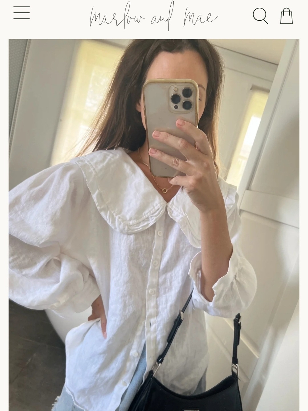 White Linen Button-Front Top with Peter Pan Collar